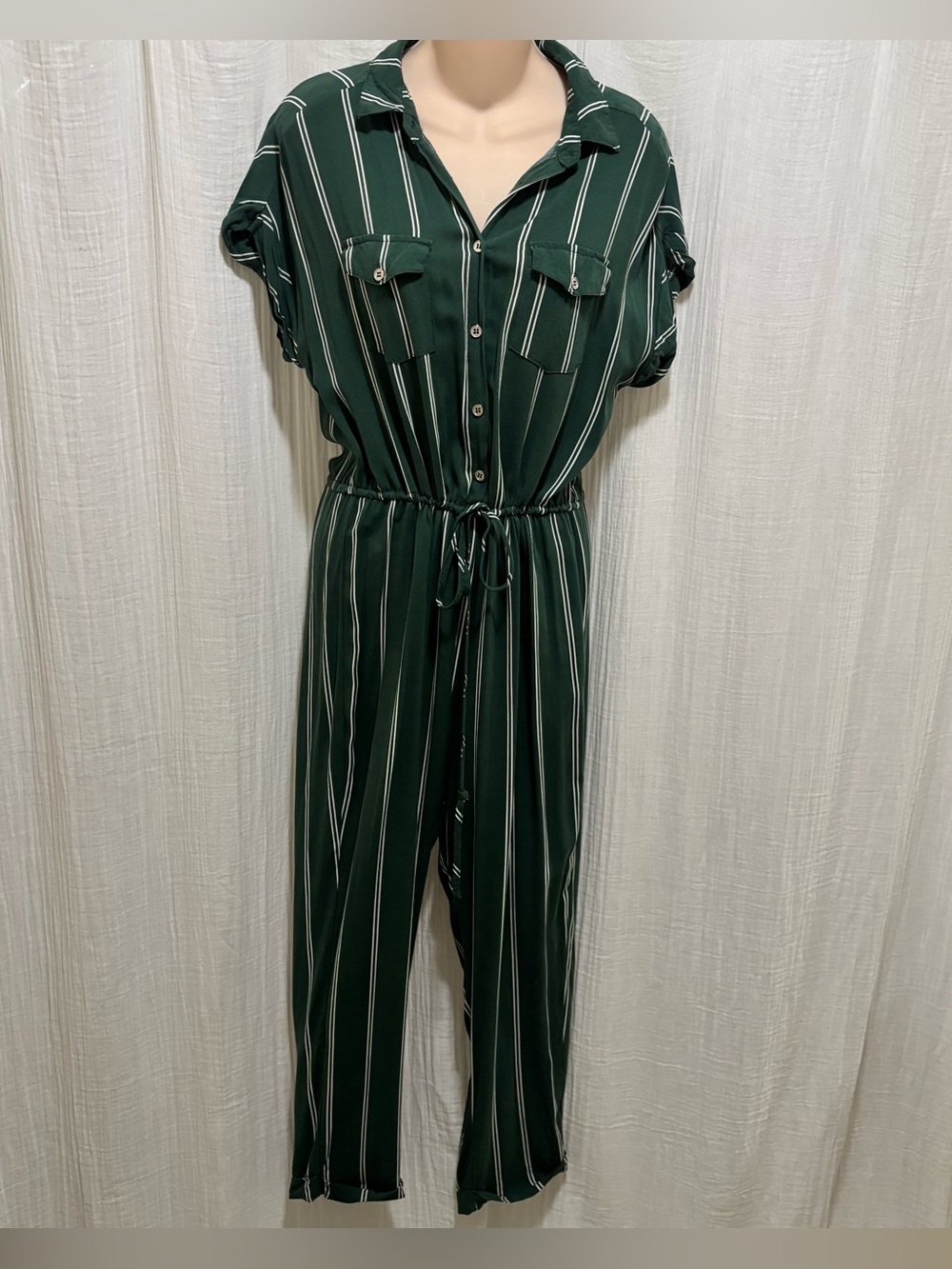 Cotton On Striped Dark Green Button-Front Jumpsuit with Tie Waist size S